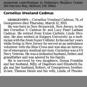 Cornelius Cadmus 2015 Obituary Part One
